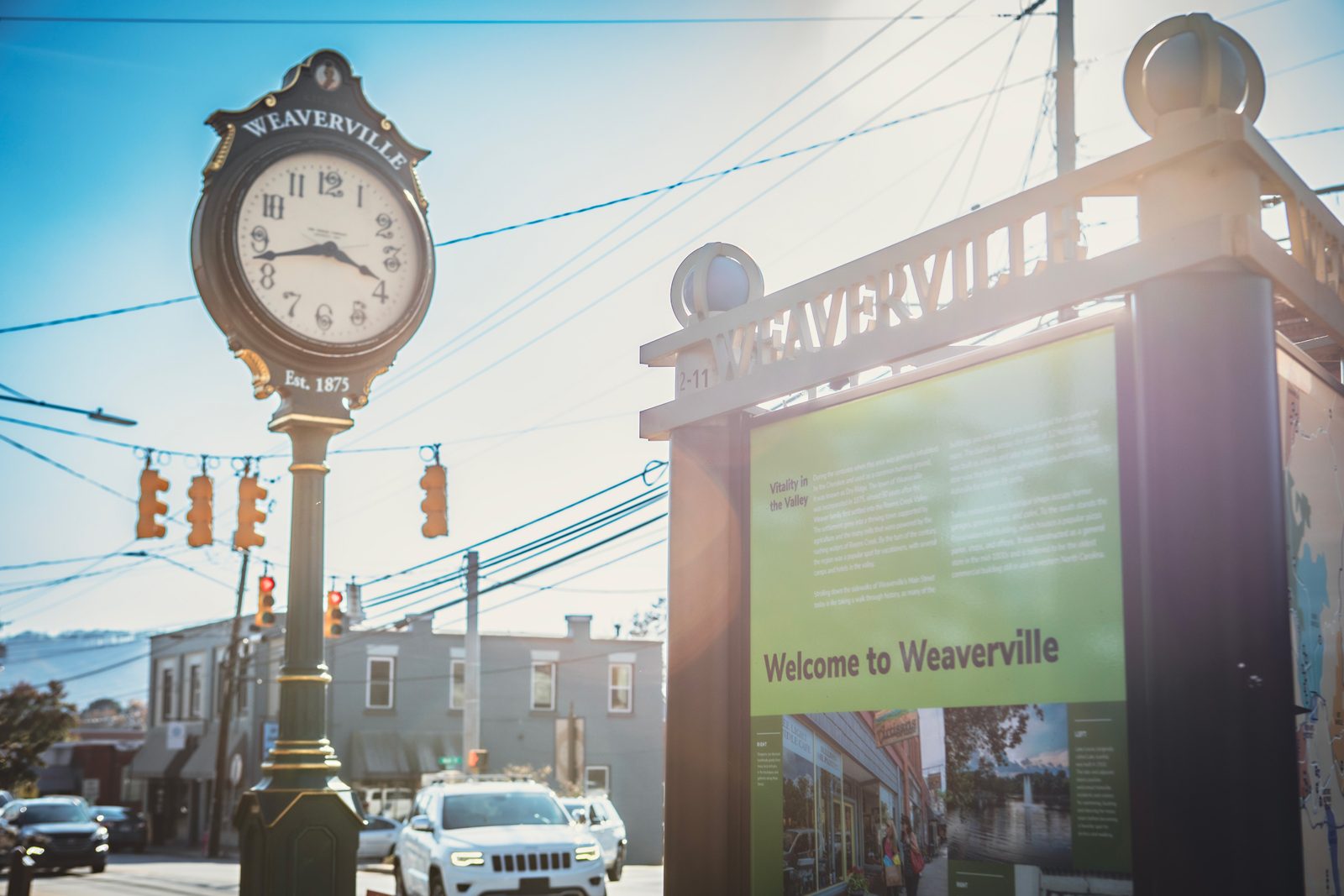 Welcome to Weaverville sign and historic town clock on Main Street, Weaverville NC